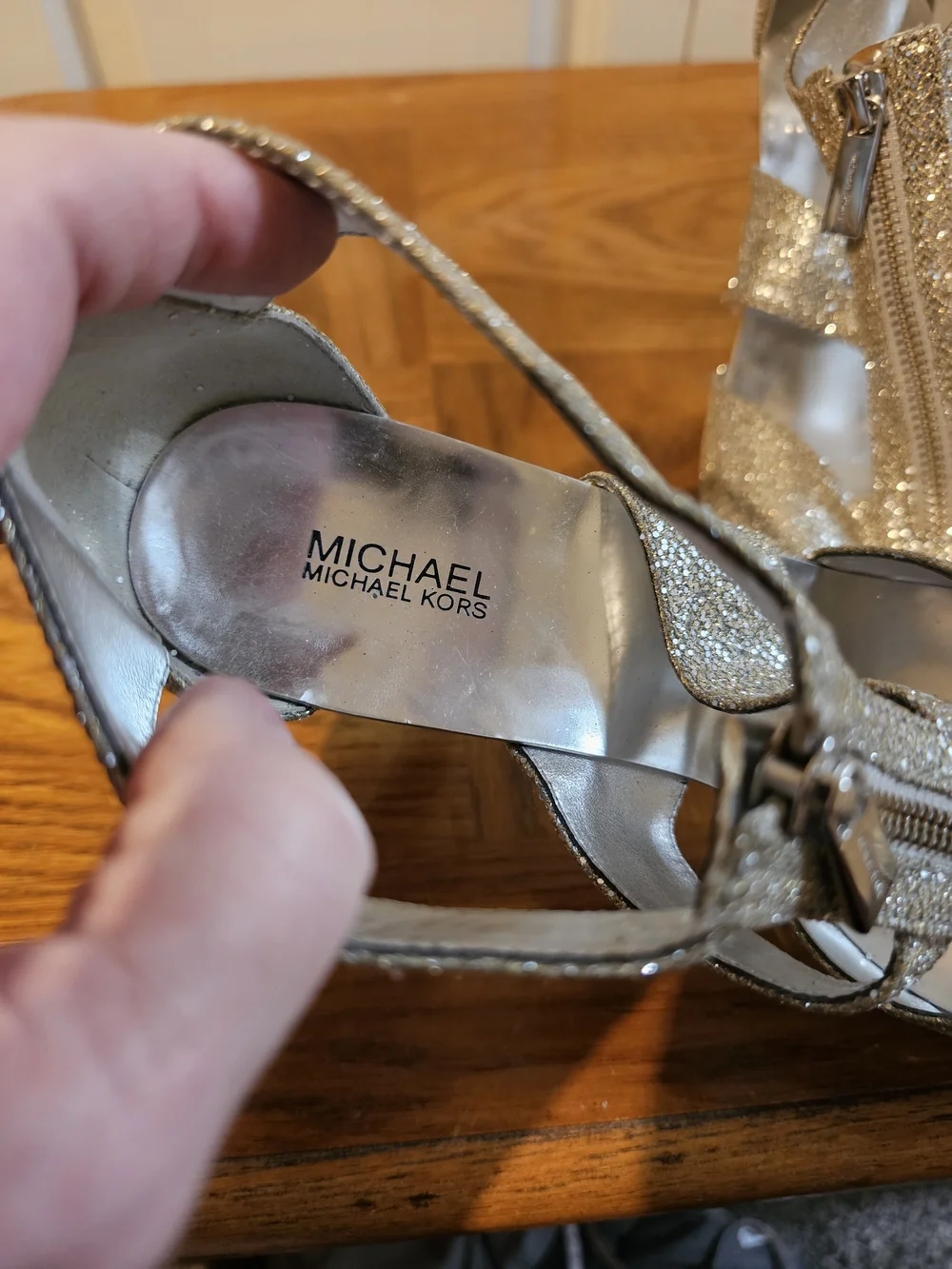 Michael Kors Silver Glitter T-Strap High Heel Sandals with Front Zip